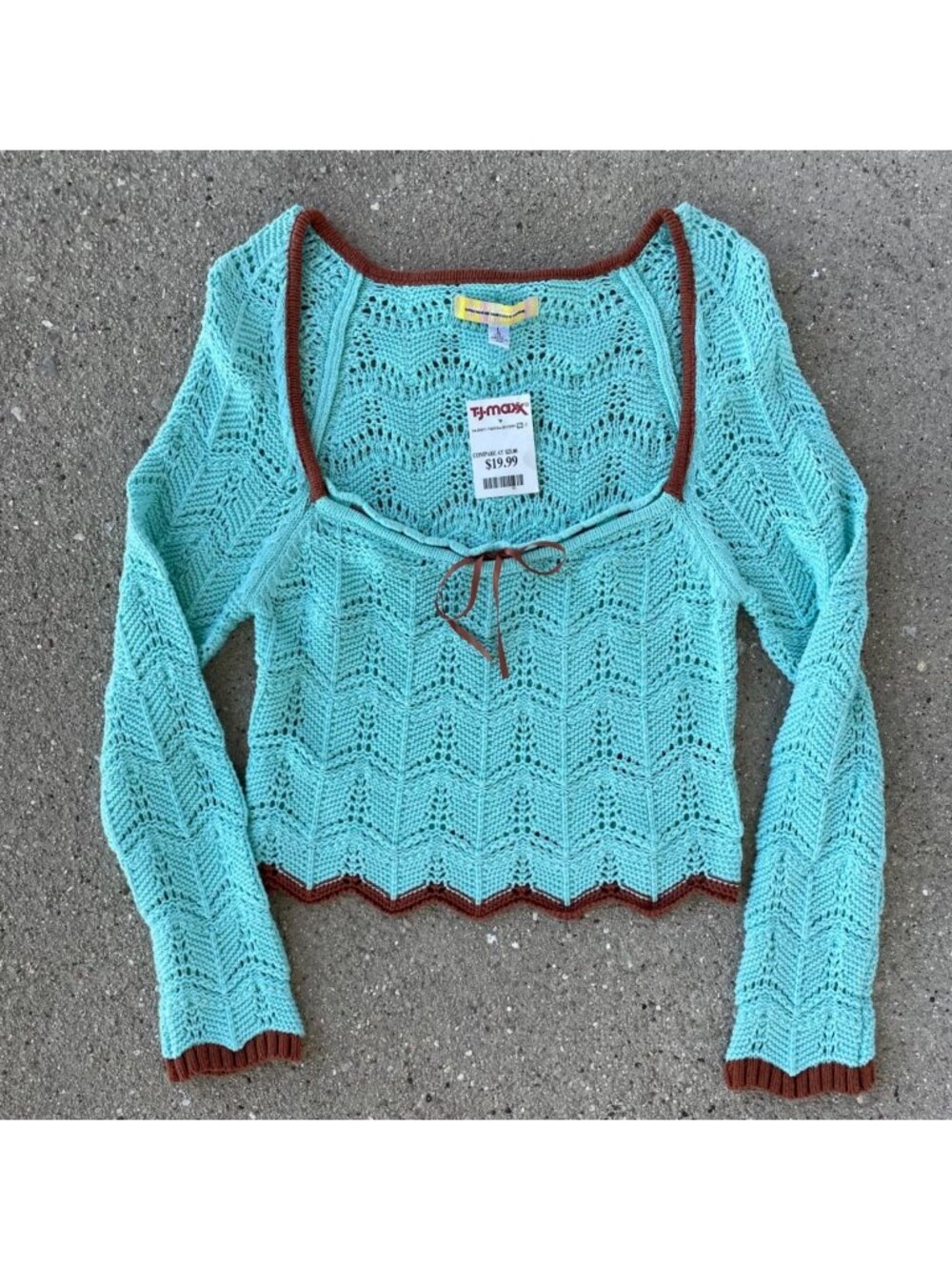 NWT Urban Outfitters Sweater Sweetheart Teal Brown Open Knit L Coquette 90s